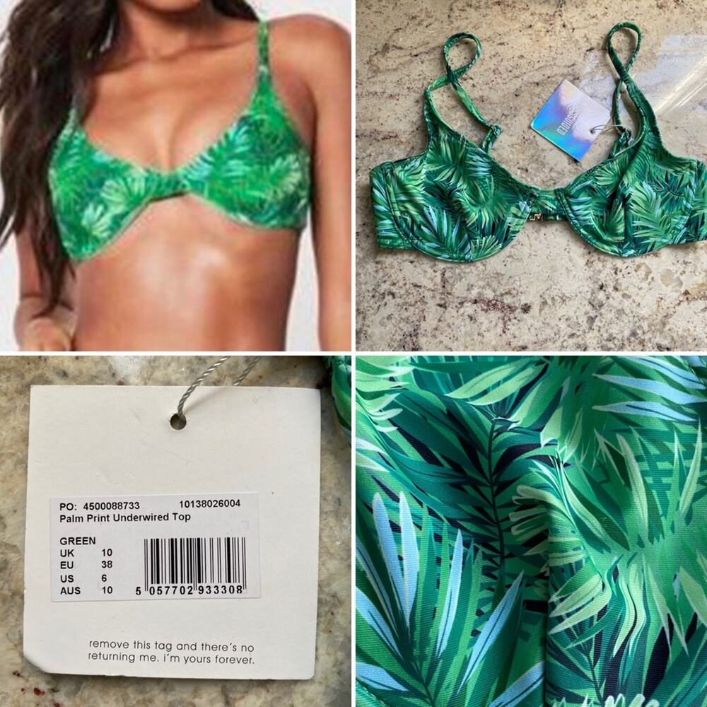 New $50 Missguided Green Tropical Scoop Neck Bikini Top sz 6 NWT